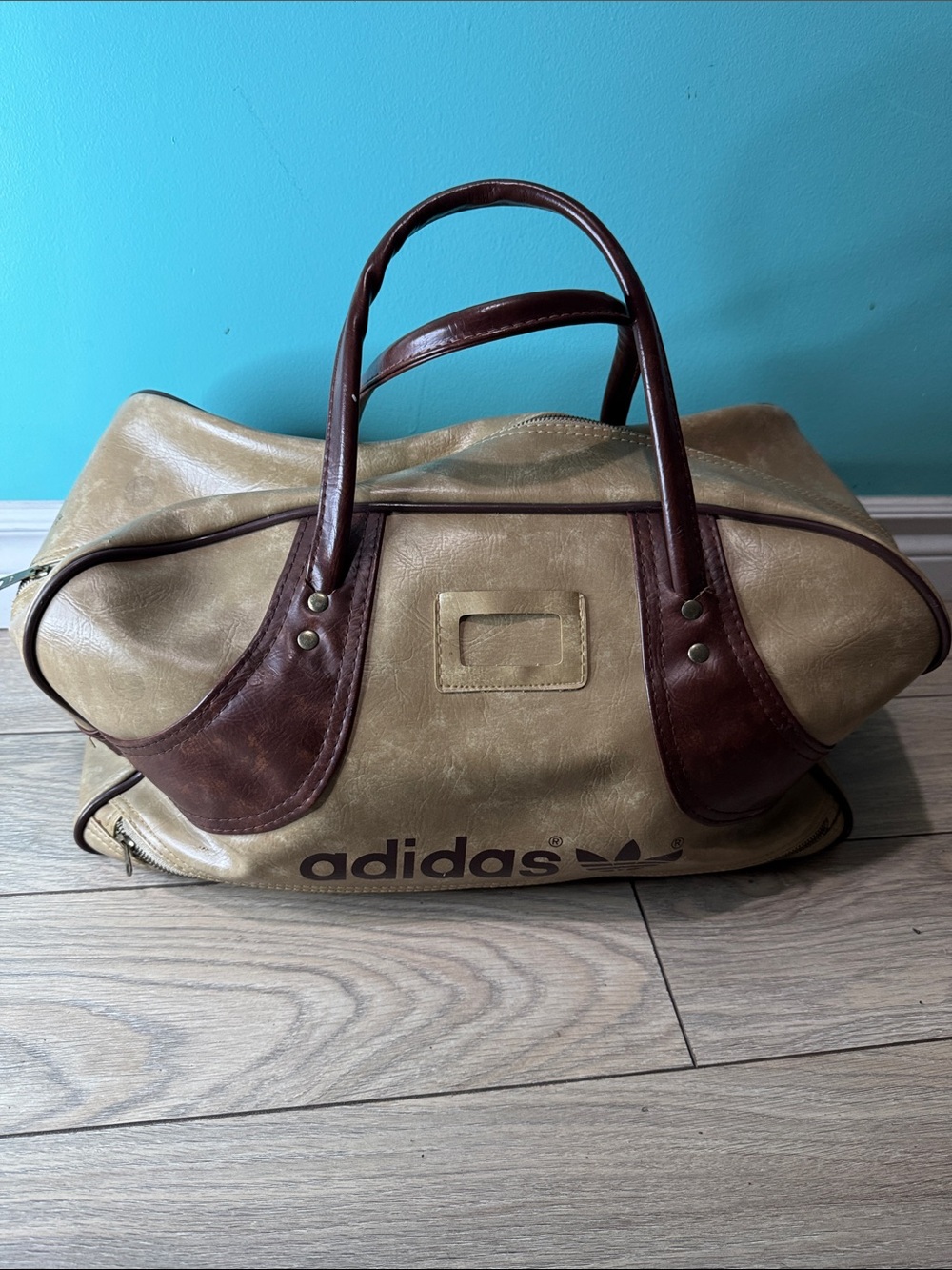 Vintage Adidas Tan and Brown Leather-Trim Weekend Duffle